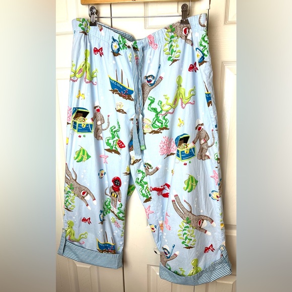 NICK & NORA Scuba Sock Monkey Pajama Pants Lounge Under The Sea Blue Red Lobster - Picture 10 of 12
